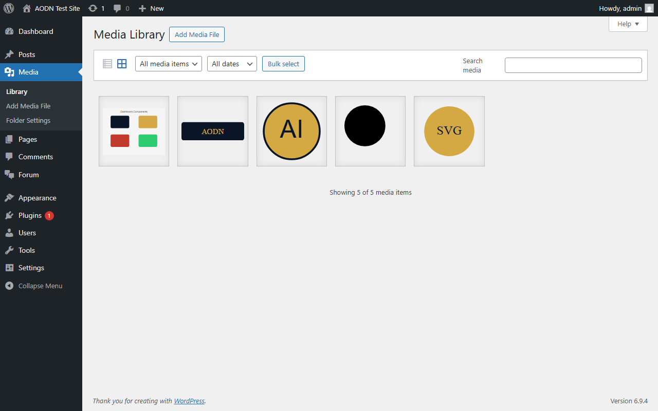 WordPress Media Library showing SVG thumbnails