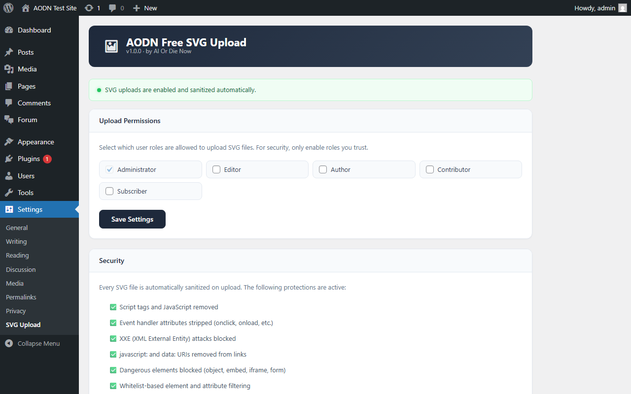 AODN Free SVG Upload settings page